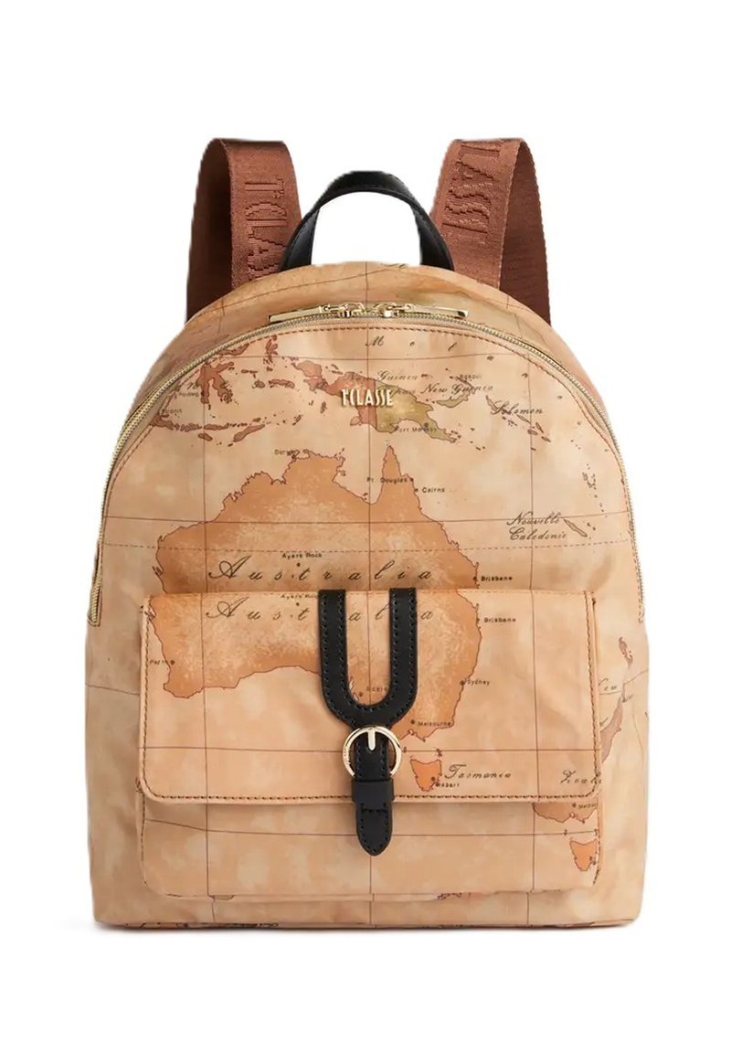 Zaino stampato con una mappa vintage che evidenzia l'Australia, dotato di spallacci regolabili marroni e una tasca frontale con una fibbia nera e una cerniera dorata.