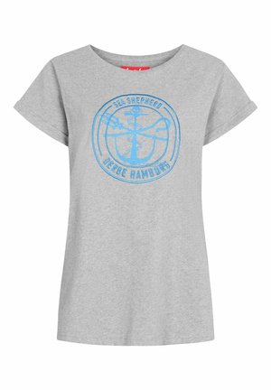 T-shirt gris clair à manches courtes avec logo circulaire bleu Sea Shepherd Derbe Hamburg présentant une ancre et des tridents croisés.