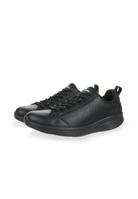 Black leather sneakers with a rounded toe, textured upper, perforated design accents, and black rubber sole. Features lace-up closure and pull tab.