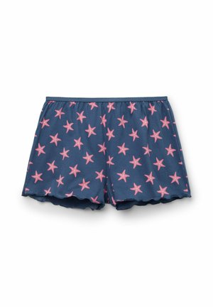 Pantalones cortos azul marino con estampado de estrellas de mar rosas, cintura elástica y dobladillo festoneado, colocados planos sobre fondo blanco.