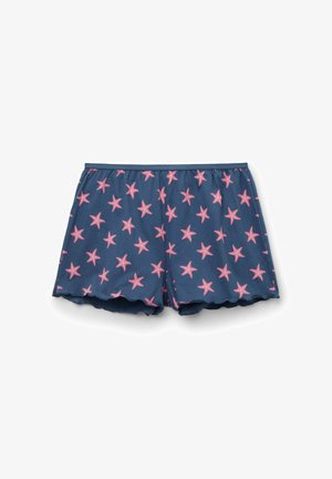 Pantalones cortos azul marino con estampado de estrellas de mar rosas, cintura elástica y dobladillo festoneado, colocados planos sobre fondo blanco.