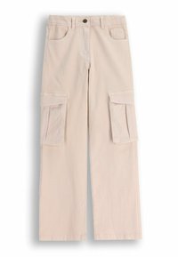 Beżowe spodnie cargo wykonane z bawełny, o luźnym kroju. Posiadają dwie duże boczne kieszenie oraz klasyczne kieszenie przednie. Gładka tekstura, bez wzorów.