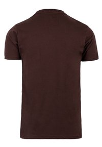 Braunes T-Shirt mit kurzen Ärmeln aus Baumwolle. Es hat eine einfarbige Gestaltung mit einem einfachen Ausschnitt und glatter Textur, ohne sichtbare Muster oder Akzente.