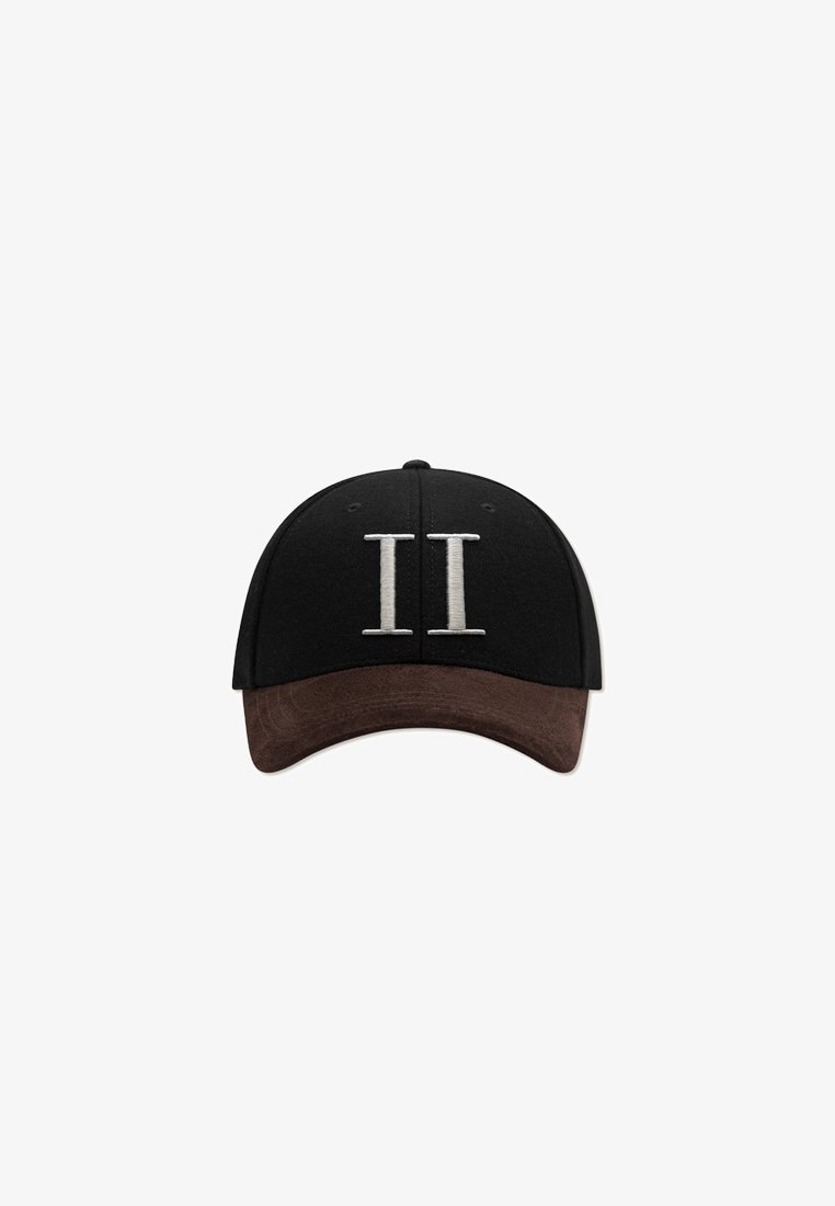 Black cap with a brown suede brim, featuring a white embroidered "II" on the front. Smooth fabric texture with structured shape.