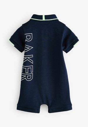 Marineblauer Kurzarm-Overall mit grünen Akzenten und einem Kragen. Auf der Rückseite prangt der Name "PARKER" in großen, hellen Buchstaben.