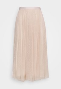 Jupe midi plissée rose pâle avec une ceinture en satin et des motifs délicats en forme d'étoile tout au long du tissu transparent et texturé.