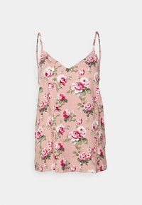 Camisola floral em tecido rosa suave com decote em V, apresentando padrões de rosas vermelhas e brancas e alças finas ajustáveis.