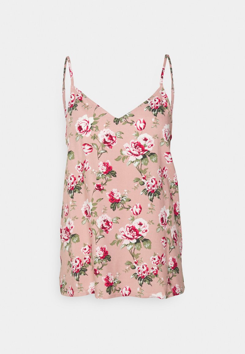 Camisola floral em tecido rosa suave com decote em V, apresentando padrões de rosas vermelhas e brancas e alças finas ajustáveis.