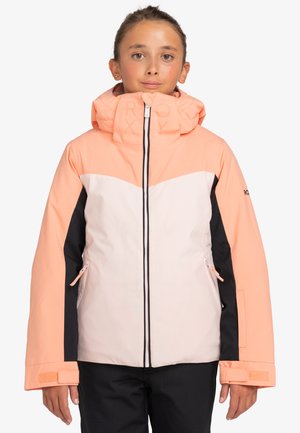 Pink and white ski jacket with black accents, zip closure, adjustable hood, and velcro cuffs. Smooth texture, sporty design, lightweight.