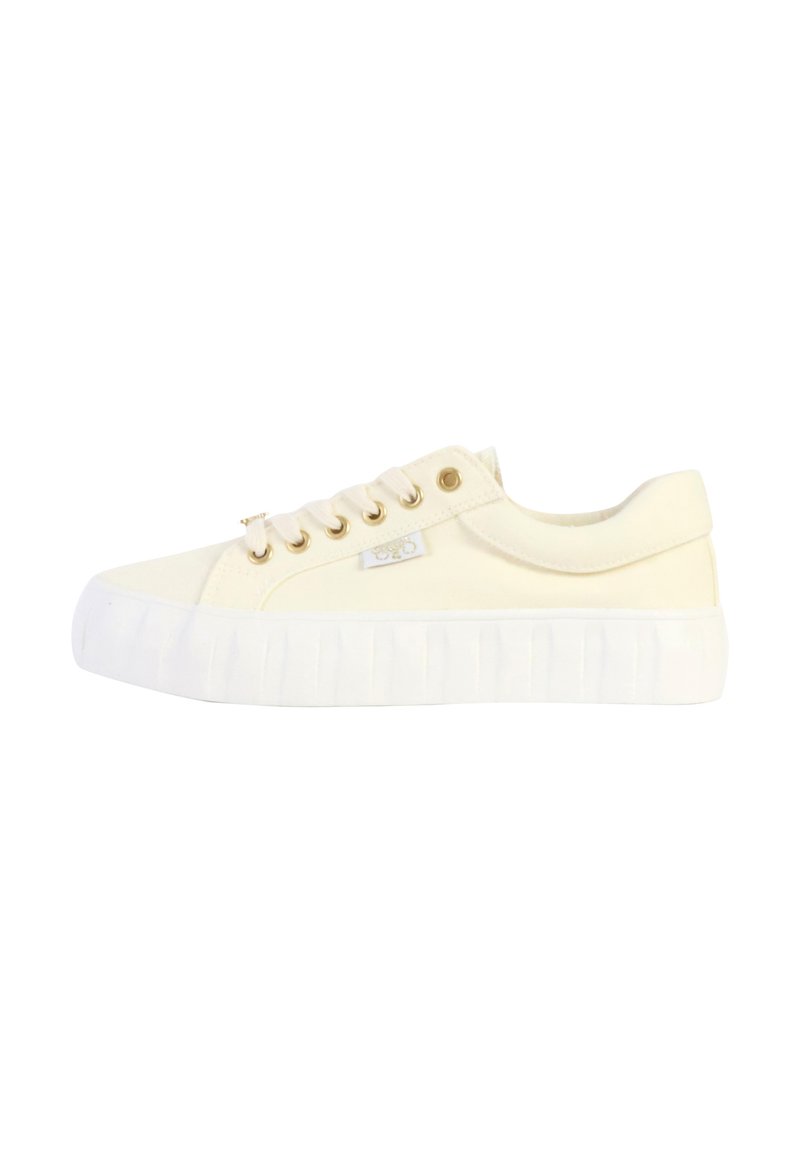 Beige canvas sneakers with gold eyelets, featuring a round toe and a white rubber sole with textured details. No visible branding.