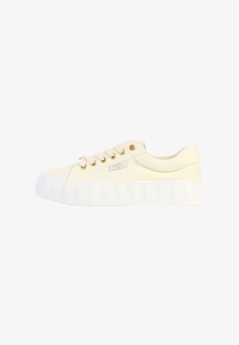 Beige canvas sneakers with gold eyelets, featuring a round toe and a white rubber sole with textured details. No visible branding.