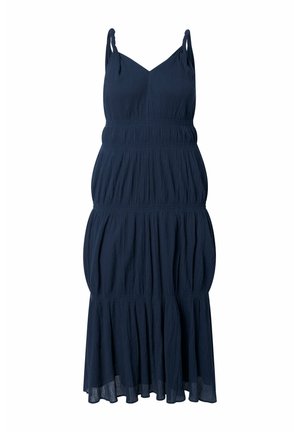 Vestido midi sin mangas azul marino con tirantes finos, escote en V, capas fruncidas y un dobladillo fluido, hecho de tela ligera.