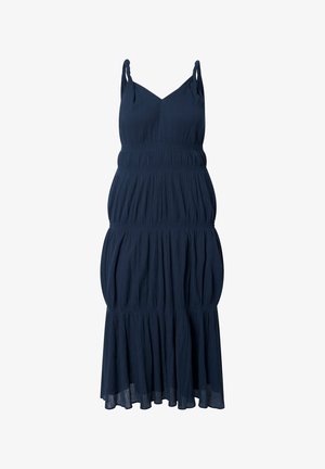 Vestido midi sin mangas azul marino con tirantes finos, escote en V, capas fruncidas y un dobladillo fluido, hecho de tela ligera.