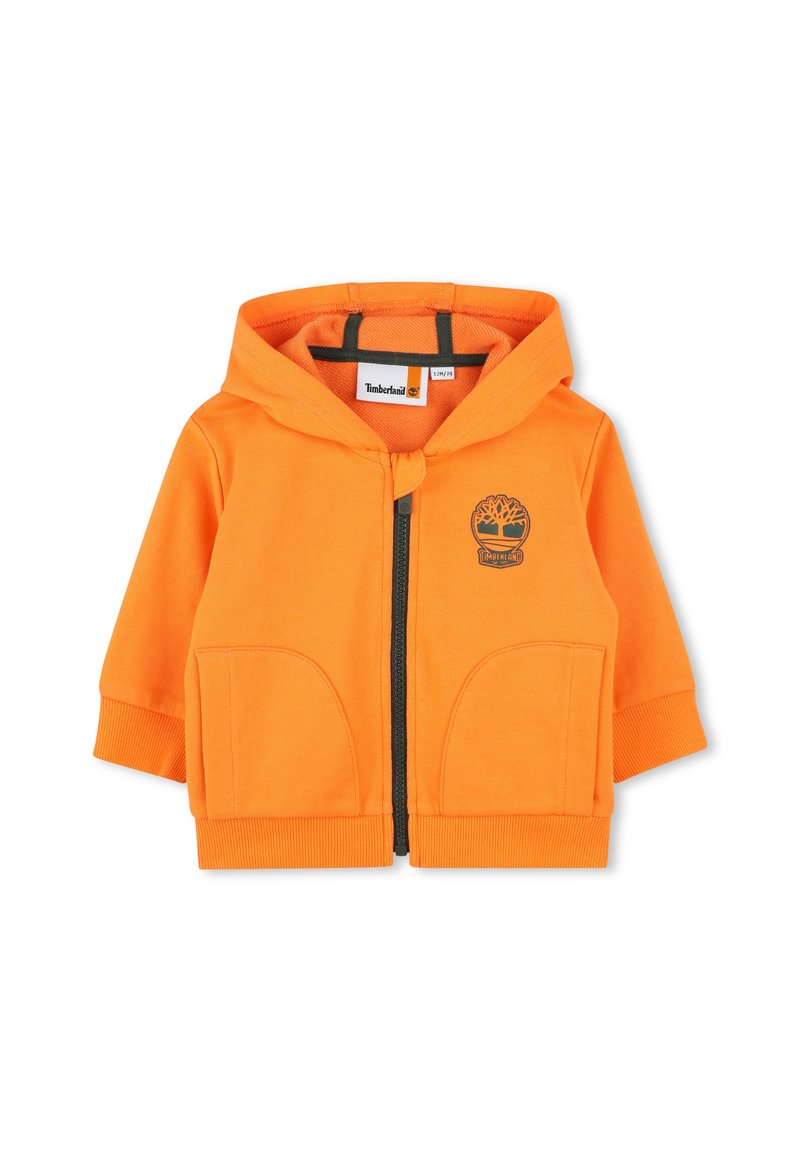 Sweatshirt à capuche orange en coton, avec une fermeture éclair à l'avant, deux grandes poches, des poignets côtelés et un logo Timberland sur la poitrine.