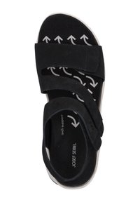 Czarne zamszowe sandały z trzema regulowanymi paskami, teksturowana wkładka z motywem strzałek oraz jasną podeszwą. Wsparcie dla łuku stopy w komplecie.