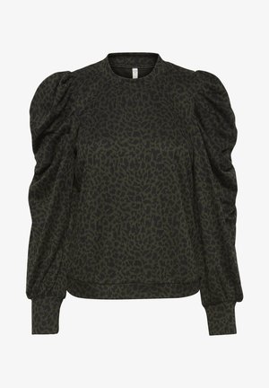 Tamsiai žaliai pūstos rankovės džemperis su juodu leopardų raštu; turi apvalią iškirptę ir gulučius ant rankovių ir apačios.