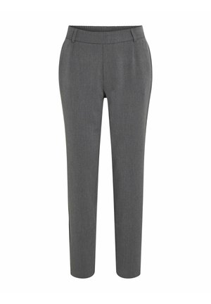 Pantaloni grigi con un design su misura, caratterizzati da una texture liscia, un elastico in vita e gambe dritte. Nessun motivo visibile o accessori.