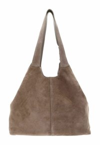 Braune Wildleder-Hobo-Tasche mit weitem Öffnungsbereich und langen, flachen Schulterriemen. Sie verfügt über eine glatte Textur und minimale Nähte.