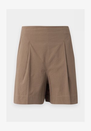 Brune teksturerede shorts med høj talje, forreste læg, lige kant og en skræddersyet pasform.