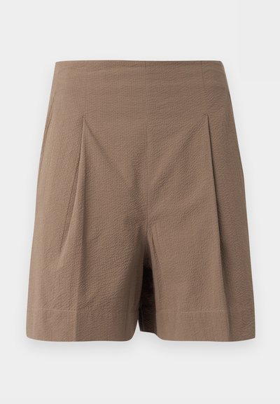 Braune, strukturierte Shorts mit hohem Bund, vorderen Falten, geradem Saum und taillierter Passform.