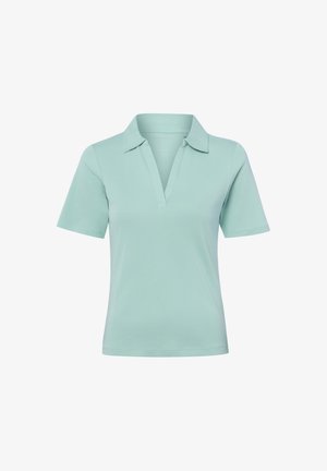 Jasnozielona koszulka polo z krótkim rękawem, dekoltem w kształcie litery V i składanym kołnierzykiem, prezentowana na jednolitym białym tle.