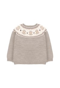 Suéter gris claro con un yugo estampado en crema, marrón y gris oscuro. Está hecho de un material de punto suave y tiene mangas largas.