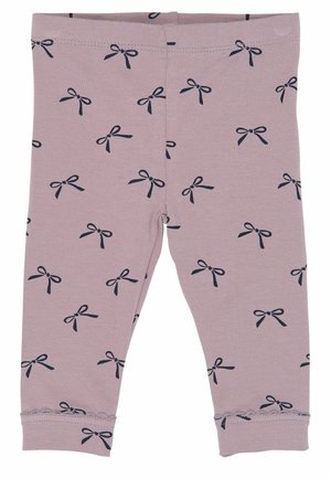 Lyse lilla leggings til småbørn med små sorte sløjfe mønstre og blondekant ved ankelmanchetterne.