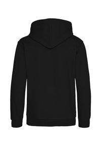 Svart huvtröja i mjukt material, med långa ärmar och en rymlig huva. Har en enfärgad baksida utan ytterligare detaljer eller mönster.