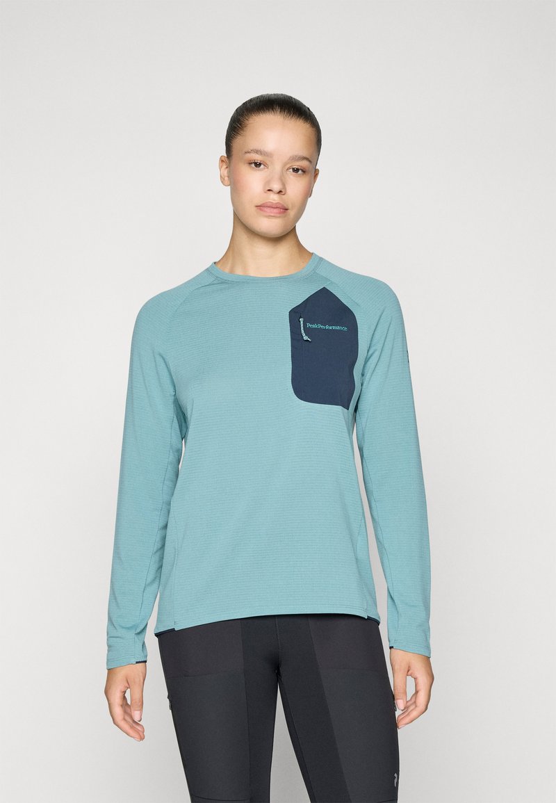 Langärmliges Funktionsshirt in Petrol mit einer blauen Tasche. Merkmale sind ein strukturiertes Gewebe und ein runder Ausschnitt. Logo-Detail auf der Tasche.