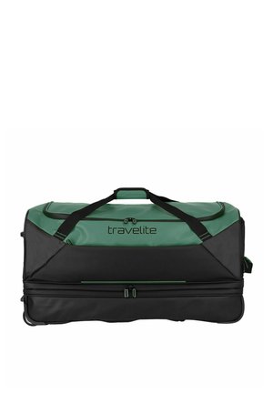 Large travel bag featuring a black body and green top, made of durable fabric, with dual handles and a zippered compartment.