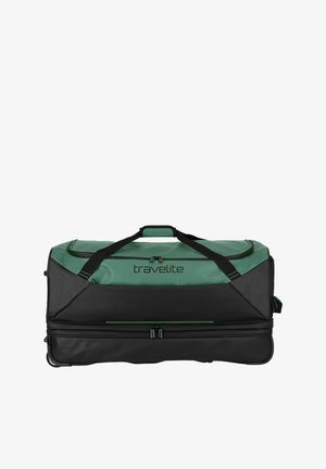 Grande borsa da viaggio con corpo nero e parte superiore verde, realizzata in tessuto resistente, dotata di manici doppi e di un compartimento con zip.