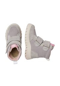 Stivali sintetici grigi con accenti rosa, dotati di una morbida fodera in tessuto, due cinghie in Velcro e una suola in gomma spessa con righe.