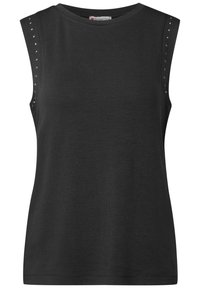 Svart ärmlös topp i mjukt tyg, med dekorativa nitar längs axlarna och rundad halsringning. Enkel, figurnära design.