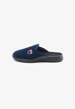 Pantofole in corda di colore blu navy con suola in gomma nera. Presentano un logo ricamato sulla parte superiore e un design slip-on.