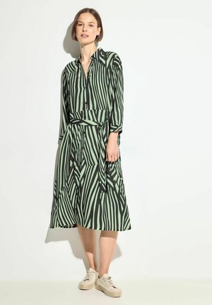 Vestito a righe verdi e nere con colletto abbottonato, maniche lunghe e cintura in vita, abbinato a sneakers chiare. Tessuto morbido.