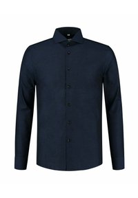 Donker marineblauwe lange mouwen shirt van een gestructureerde stof, met een klassieke kraag, een sluiting met knopen aan de voorkant en zwarte knopen.