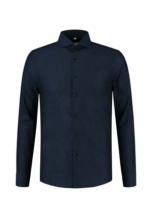 Donker marineblauwe lange mouwen shirt van een gestructureerde stof, met een klassieke kraag, een sluiting met knopen aan de voorkant en zwarte knopen.