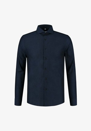 Donker marineblauwe lange mouwen shirt van een gestructureerde stof, met een klassieke kraag, een sluiting met knopen aan de voorkant en zwarte knopen.