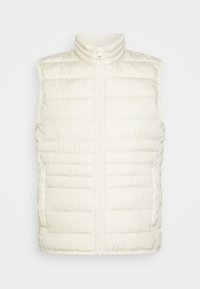 Gefütterte, ärmellose Weste in hellem Beige mit vertikaler Steppung und hohem Kragen. Verfügt über einen durchgehenden Reißverschluss vorne und eine glatte, weiche Textur.