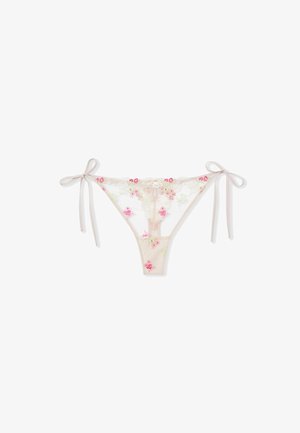 Culotte bikini beige transparente avec broderies florales roses et vertes, et nœuds à nouer sur les côtés, sur fond blanc.