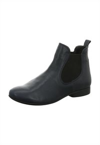 Dunkelblaues Leder Chelsea-Stiefel mit elastischen Seiteneinsätzen, runder Spitze, flacher Gummisohle und einer Zuglasche an der Rückseite für einfaches Anziehen.