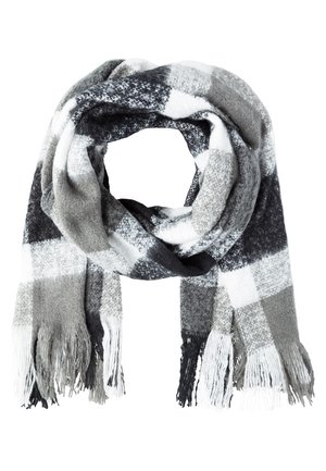 Weicher Wollschal mit grauem, schwarzem und weißem kariertem Muster und fransigen Enden, locker geschlungen.
