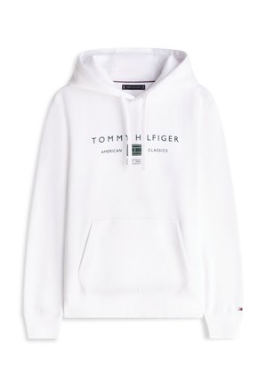 Witte hoodie met voorkantzak, capuchon met trekkoord en de tekst en het logo "Tommy Hilfiger American Classics" centraal op de borst.