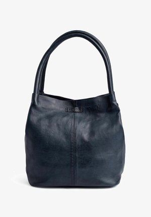 Marineblaue Leder-Handtasche mit einer weichen, geschmeidigen Textur, abgerundeten Schulterriemen und einem dezenten Logo-Detail auf der Vorderseite. Glattes, minimalistisches Design.
