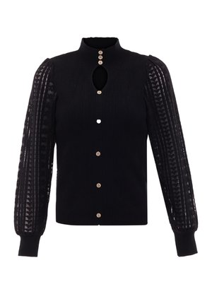 Cardigan negru tricotat cu dungi, cu nasturi aurii, decolteu cu decupaj și mâneci transparente cu model, bufante, cu manșete strânse.
