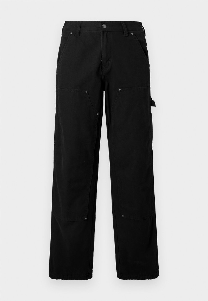 Pantalons cargo noirs en tissu durable, dotés de plusieurs poches, d'une coupe détendue, de coutures visibles et de détails de boutons-pression.