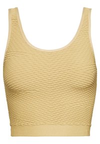 Texturovaný žlutý crop top s vlnitým vzorem, se širokým výstřihem a přiléhavým pasem, vyrobený z měkkého a elastického materiálu.