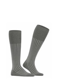 Calze grigie fino al ginocchio con strisce bianche verticali, bordo a costine e texture morbida, progettate per comfort e calore.