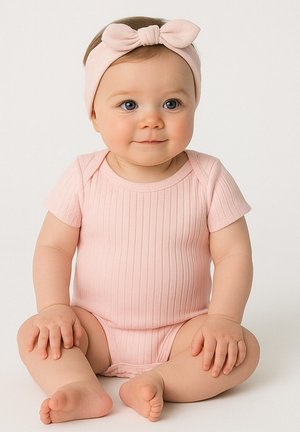 Roza rebrasta otroška bodi s kratkimi rokavi, mehkega videza in ujemajoči trak za glavo z mašnjo. Otrok sedi na nevtralni podlagi.