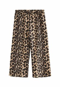 Shorts en velours côtelé à imprimé léopard avec une taille élastique, longueur genou, présentant un tissu texturé et une palette de couleurs beige, noir et marron.